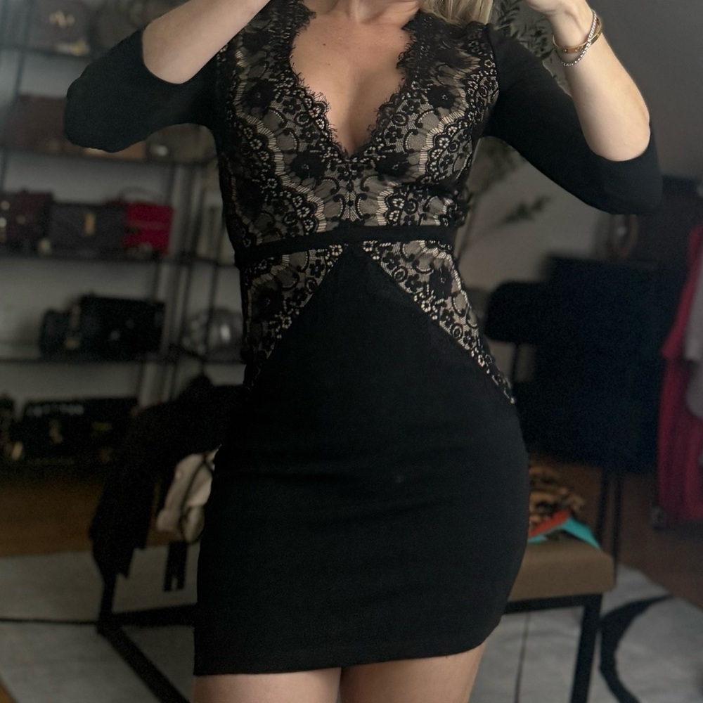 bebe Black Lace-Accent V-Neck Mini Dress